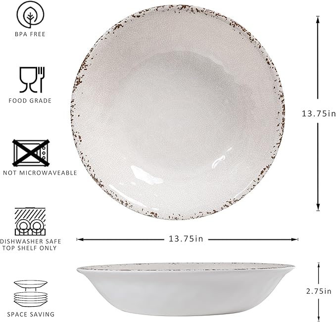 Melamine Large Serving Bowls Set of 2, 13.75" and 130 OZ Farmhouse BPA Free Salad, Pasta and Mixing Serving Bowls, Large Bowls Set for Serving Food, Durable and Dishwasher Safe, Ivory