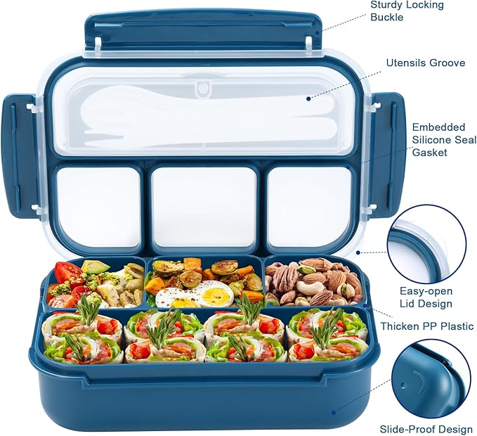 Bento Box Adult Lunch Box, Kids Lunch Containers for School with 4 Compartments, with Utensils, Sauce Jar, Muffin Liners, Microwave Safe, Navy
