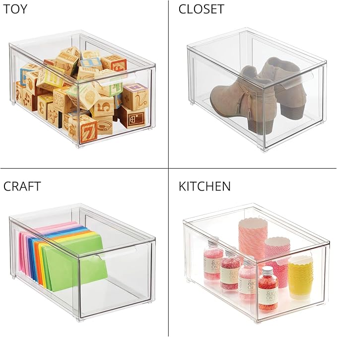 mDesign Plastic Stackable Bathroom Storage with Pull Out Bin Organizer Drawer for Cabinet, Vanity, Shelf, Cupboard, Cabinet, or Closet Organization - Lumiere Collection - 4 Pack - Clear