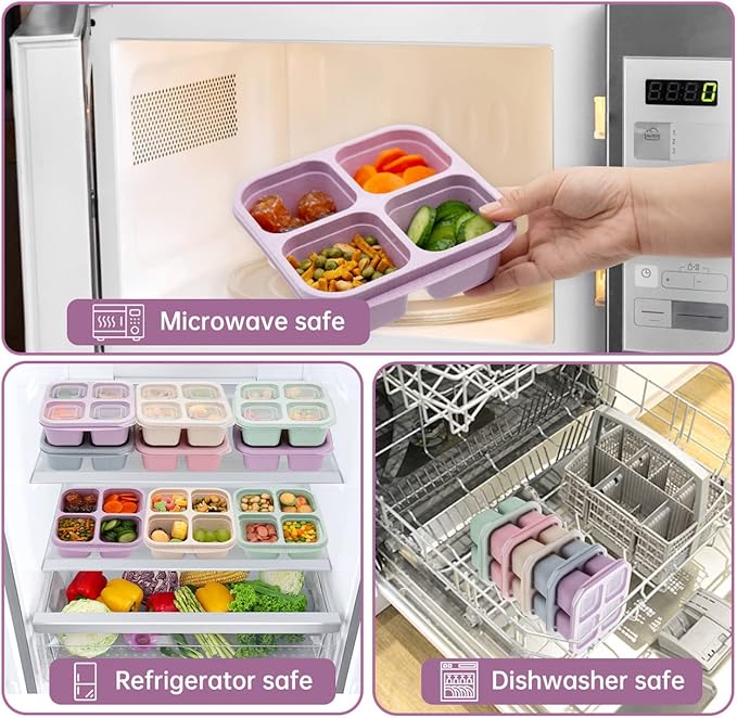 5 Pack Bento Lunch Box,4 Compartment Snack Containers,Divided Snack Box,Meal Prep Lunch Containers FOR Kids/Toddle/Adults,Food Storage Containers for School, Work and Travel