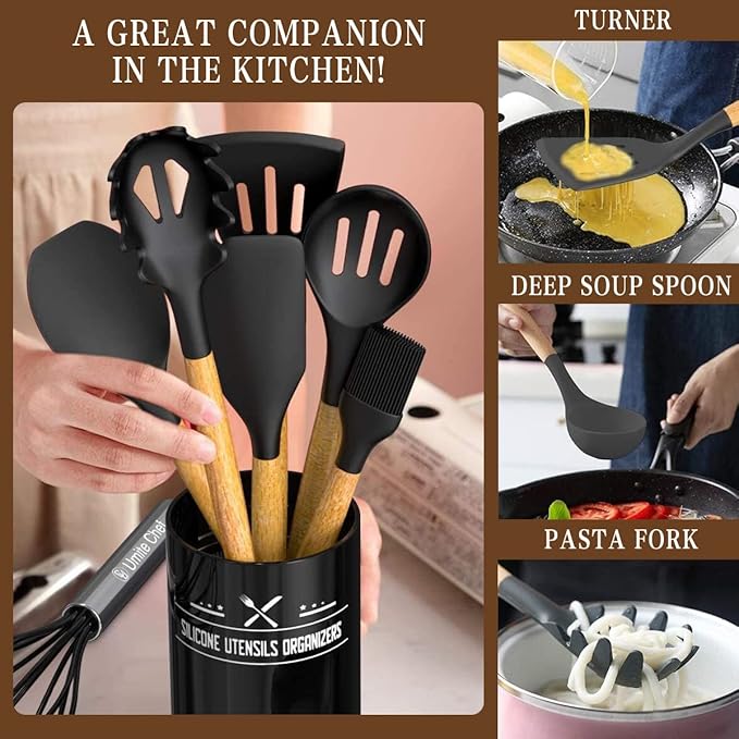Umite Chef Kitchen Cooking Utensils Set, 33 pcs Non-Stick Silicone Cooking Kitchen Spatula Set with Holder, Wooden Handle Silicone Kitchen Gadgets Utensil Set (Black)
