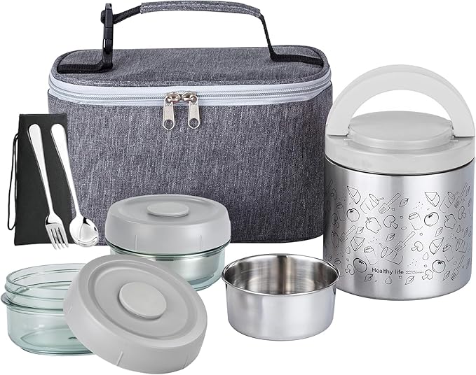 Lille Home Portable Insulated Lunch Box Set with Stainless Steel Cutlery, vacuum lunch box, to Keep Food Warm or Cool, Two Containers for Fruits and Sauces, Durable and Leak-Proof(GREY)