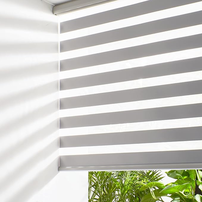 Persilux Cordless Zebra Blinds for Windows (70" W X 47" H, Grey) Free-Stop Windows Shades Dual Layer Light Control for Day and Night, Light Filtering Sheer Shades for Home, Easy to Install