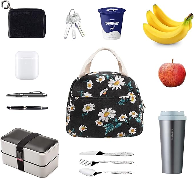 EurCross Women's Lunch Bags for Work with Chic Floral Daisy Pattern,Canvas Stylish and Insulated Black Lunch Tote Bento box Bag Carrier of On-the-Go Storage