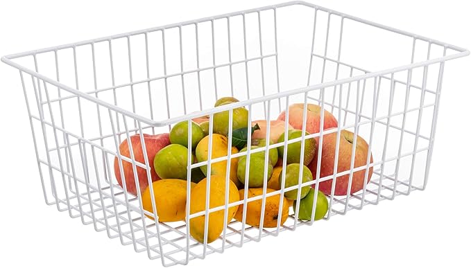 iPEGTOP Wire Storage Freezer Baskets, Set of 4 Large 15.4" Farmhouse Organizer Storage Bins Fridge Basket Rack with Handles for Kitchen Cabinets, Pantry, Office, Bathroom Organization - White
