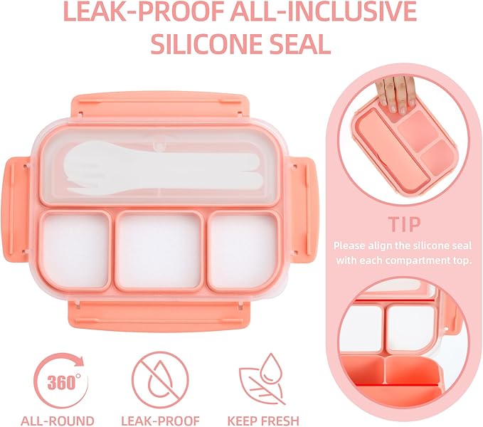 QQKO Bento Box Adult Lunch Box, Lunch Containers for Adults Men Women, Kids Lunch Boxes for School with 4 Compartments, Sauce Container, Utensils and Muffin Cups, Pink