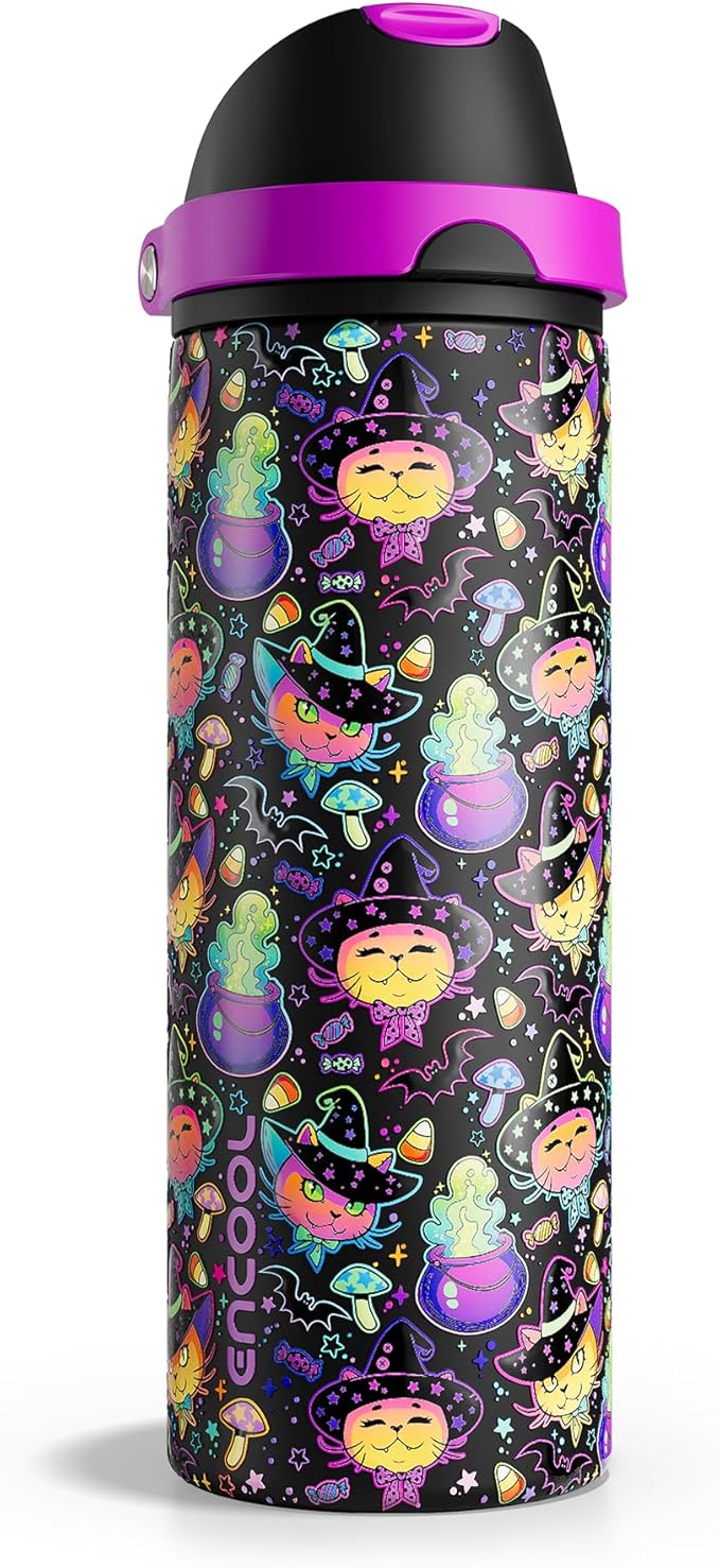 Halloween Insulated Water Bottle with Straw - Stainless Steel Water Bottle with Push Button Lid, Leak-Proof BPA-Free, Keeps Cold for 24 Hours for Halloween gifts, Party (24 oz, Meowgic Night)