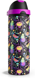 Halloween Insulated Water Bottle with Straw - Stainless Steel Water Bottle with Push Button Lid, Leak-Proof BPA-Free, Keeps Cold for 24 Hours for Halloween gifts, Party (24 oz, Meowgic Night)