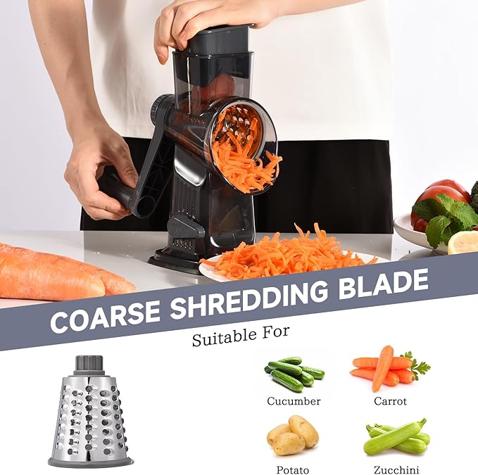 Rotary Cheese Grater with Handle Kitchen Shredder Slicer Grater Slicer Ice Shaver Cheese Vegetable Nuts Potato Zucchini Chocolate 3 Interchangeable Blades (Dark Grey TSP)