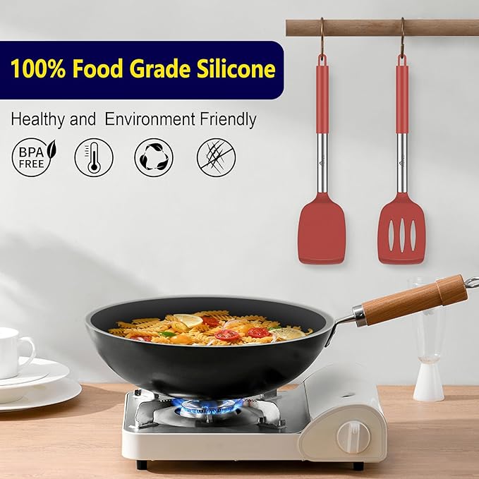 HOTEC Silicone Spatula Set of 2 Heat-Resistant 600°F & BPA-Free Kitchen SaptulaTurner with Stainless Steel Handles, Slotted & Solid Spatulas for Nonstick Cookware, 13.7 Inch, Red