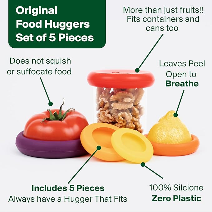 Food Huggers 5pc Reusable Silicone Food Savers | BPA Free & Dishwasher Safe | Fruit & Vegetable Produce Storage for Onion, Tomato, Lemon, Banana, Cans & More | Round, Autumn Harvest