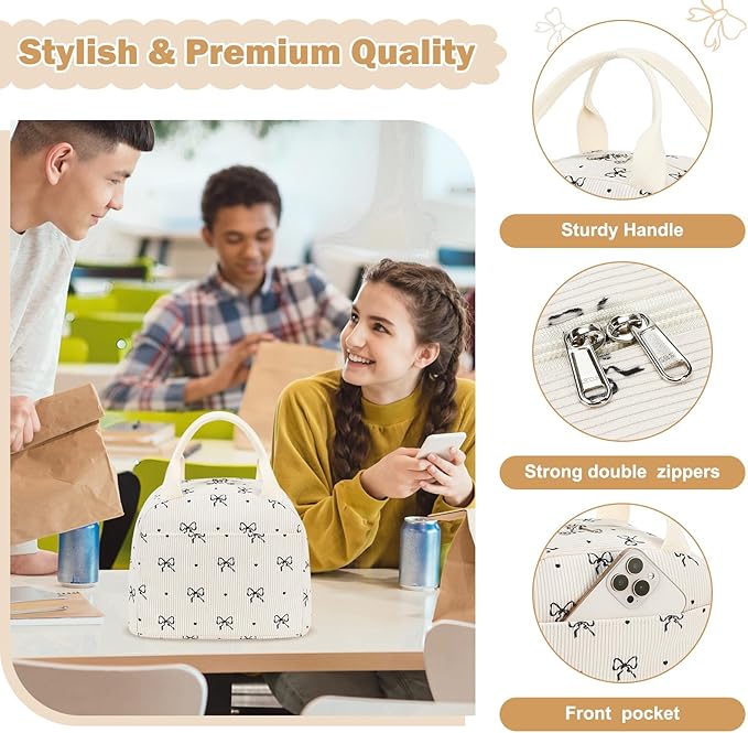 EurCross Cute Bow Tie Lunch Bag for Girls, Ivory Corduroy Insulated Lunch Bag for Two-Meal Space Perfect for School Days, Commuting, fits Bento Boxes, Round Containers, Designer Lunchboxes
