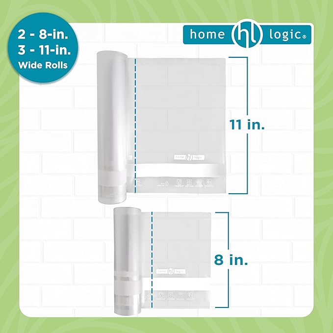 Home Logic Vacuum Bags for Food Sealer Rolls 11 and 8 Inch 20 FT Combo Pack for Freezer and Sous Vide - Microwave Safe Combo Pack Rolls (2-8x20, 3-11x20) Clear