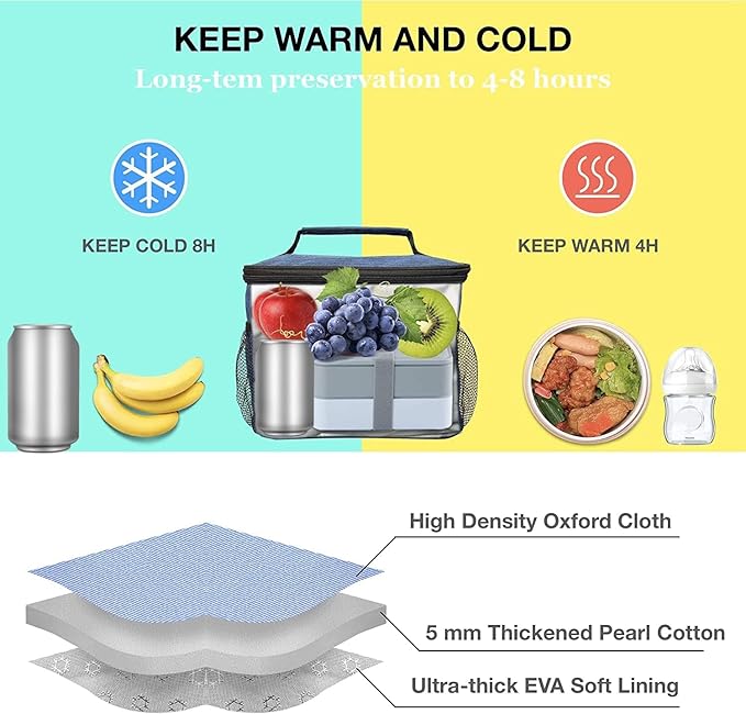 ExtraCharm Insulated Lunch Bag for Women/Men - Reusable Lunch Box for Office Picnic Hiking Beach - Leakproof Cooler Tote Bag Organizer with Adjustable Shoulder Strap for Adults - Grey