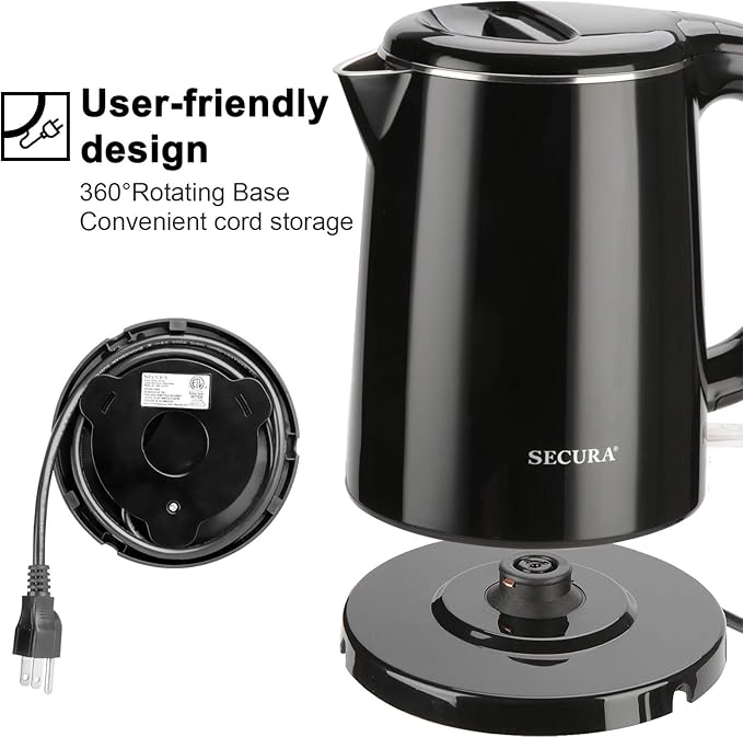 Secura Stainless Steel Double Wall Electric Kettle Water Heater for Tea Coffee w/Auto Shut-Off and Boil-Dry Protection, 1.0L (Black) SWK-1001DB/HB-K012