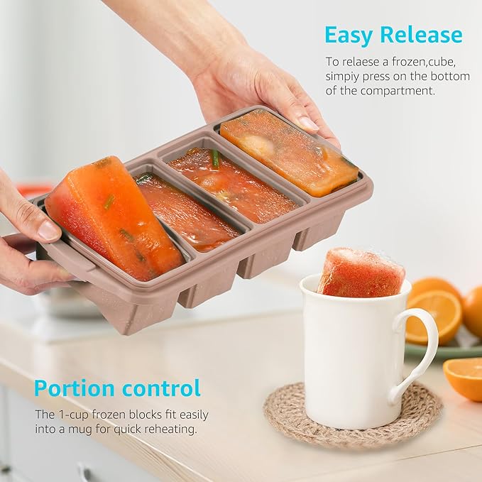 Silicone Freezer Tray With Lid - Silicone Freezer Food Molds- Large Ice Cube Tray,Silicone Freezer Container,Freeze & Store Soup, Sauce, Broth,Leftovers - Makes 4 Perfect 1 Cup