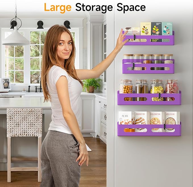 4 Pack Magnetic Spice Rack for Refrigerator, Spice Rack Organizer, Moveable Magnetic Shelf Fridge Organizer with 4 Hooks for Kitchen and Oven Organization, Purple