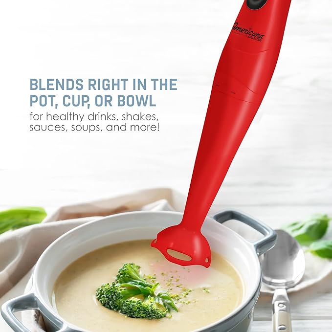 Elite Gourmet Electric Immersion Hand Blender, Mixer, Chopper, 1-Touch Control Multi Purpose Hand Blender Stick, Mixer, Chopper, 150 Watts One-Touch Control For Soups, Sauces, Baby Food, Red