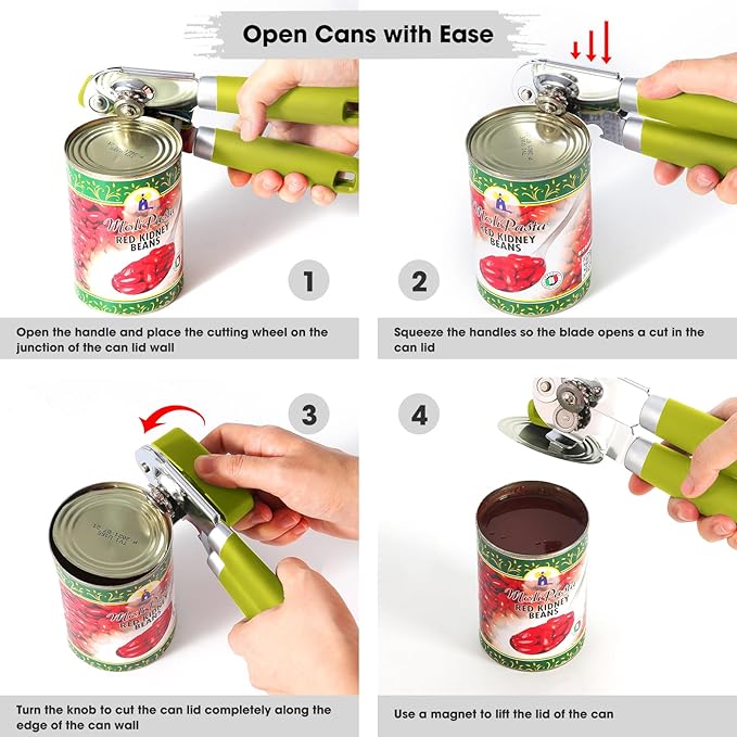Beneno Heavy Duty Hand Can Opener Manual with Magnet, Durable Sharp Carbon Steel Blade Smooth Cutting, Big Effort-Saving Knob & Soft Grip Handle, Multifunctional Bottle Opener, Lime Green