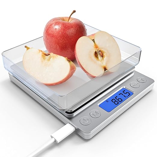 Rechargeable Digital Food Scale with Gram and Ounce, Measuring Range 0.1g/3kg(6.6lb), Smart Kitchen Scale for Food, Baking, Cooking, Sourdough Bread, Weight Loss - Small Kitchen Gadget Product