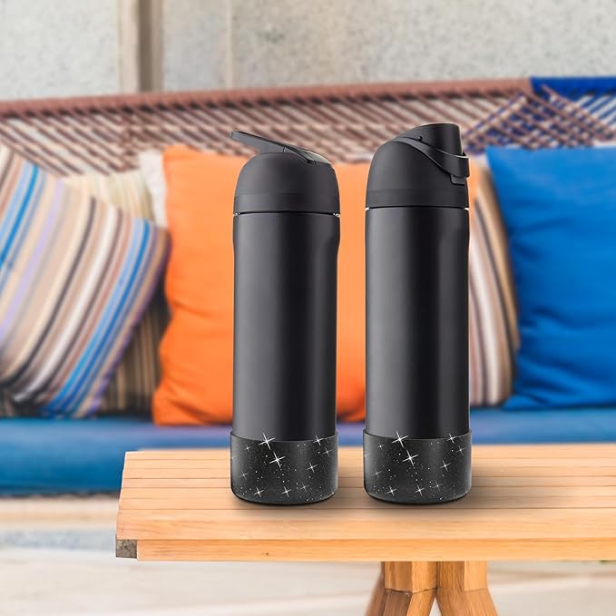 2PCS Silicone Water Bottle Boot for Owala 24oz, Protective Bottom Bumper Anti-Slip Sleeve for FreeSip, Twist, and Flip Stainless Steel Bottles, Dishwasher Safe and BPA Free(Shiny Black)