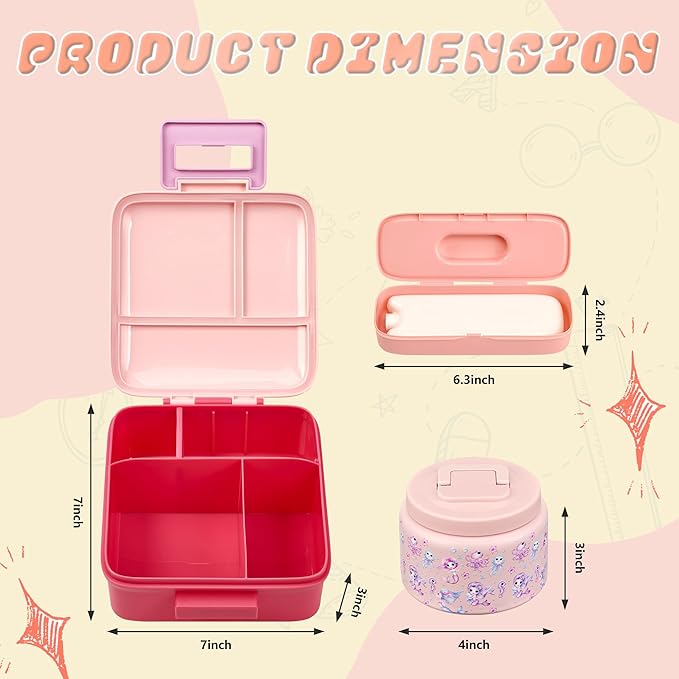 Bento Lunch Box for Kids with 8oz Soup Thermo Leak-Proof Lunch Food Containers with Snack Sauce Container for Kid Girls Boys to School (Pink Mermaid)