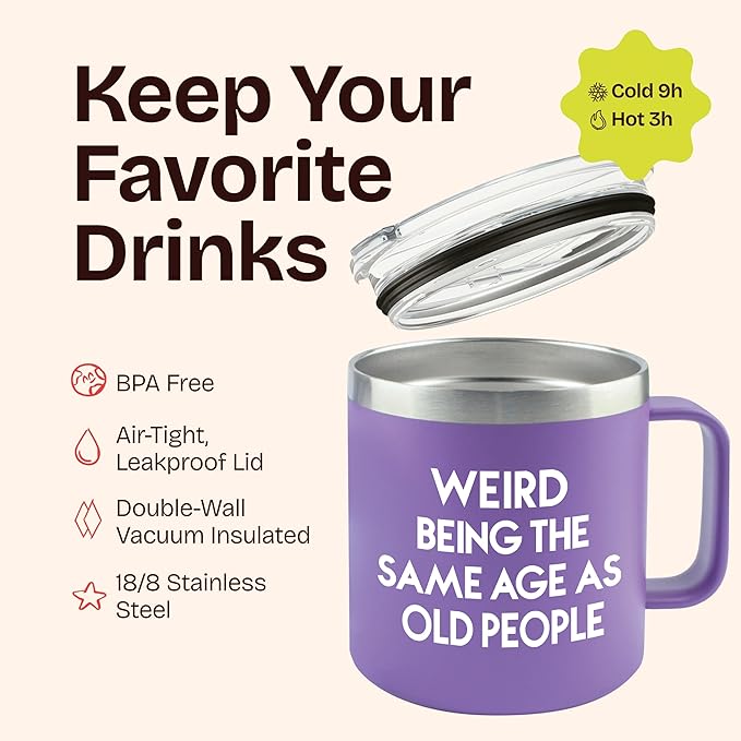 KLUBI 40th Birthday Gifts Women - Weird Being The Same Age As Old People 14oz 50th 60th Birthday Gifts for Women Over 60 Purple Bday Gift Ideas for Adults Cute Funny Celebration Gift for Elderly