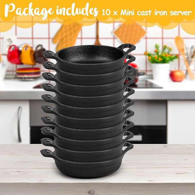 10 Pack Mini Cast Iron Skillets 5 x 5 x 1.3 Inch Cast Iron Pan Small Ramekin Set Black Casserole Dish Cookware Oven Safe Mini Skillets for Kitchen Indoor Outdoor Picnic