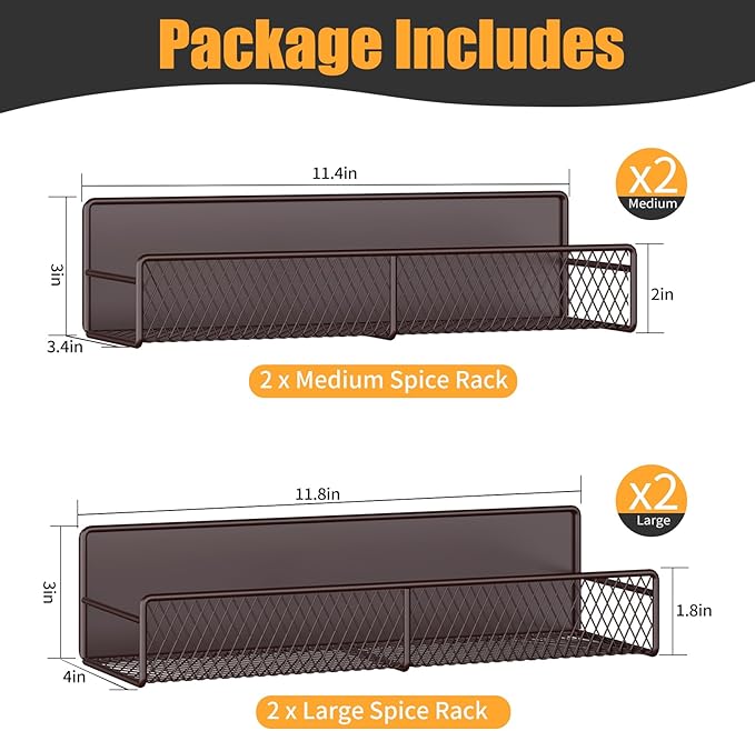 Magnetic Spice Rack for Refrigerator, 4 Pack 100% Metal Strong Magnet Fridge Shelves, Space Saving Spice Organizer, No Drilling Moveable Home Kitchen Laundry Room Storage Organization, Brown