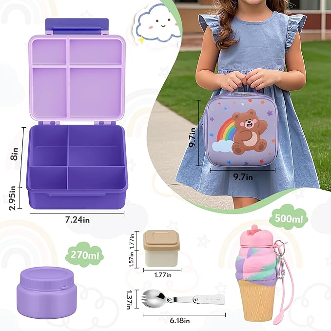 Lunch Box Kids with 5 Compartments, Insulated Food Jar & Utensil & Sauce Container & Lunch Bag & Silicone Collapsible Cup, Leak Proof Bento Box, BPA-Free & Dishwasher Safe-Purple
