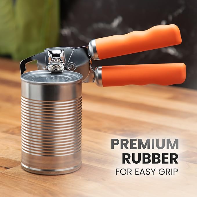 Zulay Kitchen Heavy Duty Stainless Steel Can Opener Manual with Bottle Opener - Rust Proof Manual Can Opener With Turn Knob & Comfy Soft Grip Handles - Orange
