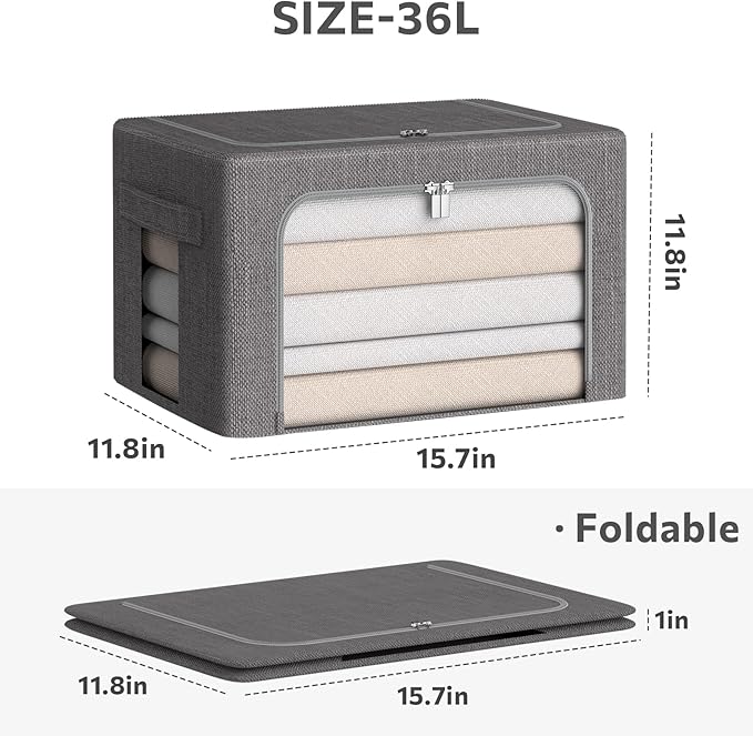 Clothes Storage Bins Box - Linen Fabric Foldable Stackable Container Organizer Set with Clear Window & Carry Handles & Metal Frame (Dark Gray, Medium-36L)