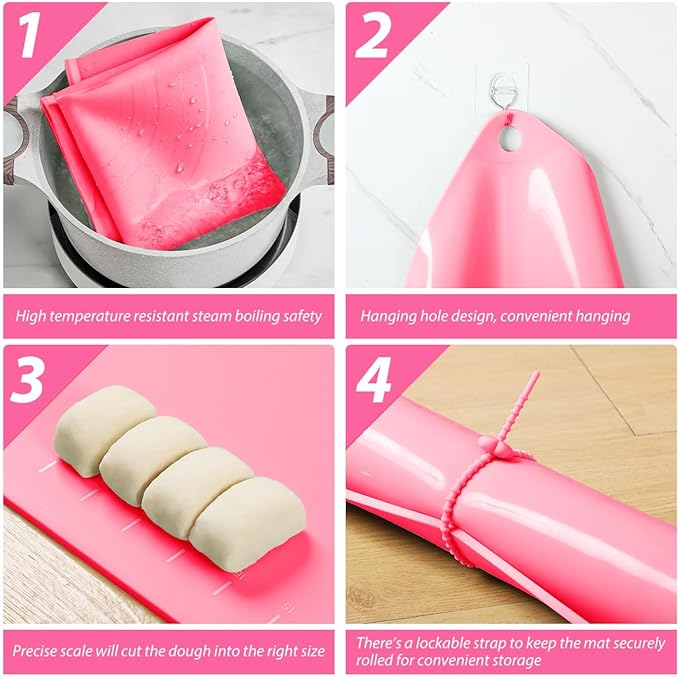 Silicone Pastry Mat 20"*16" Extra Thick Non Stick Baking Mat Food Grade Silicone Dough Rolling Bake Mat with Edge Heightening Pink