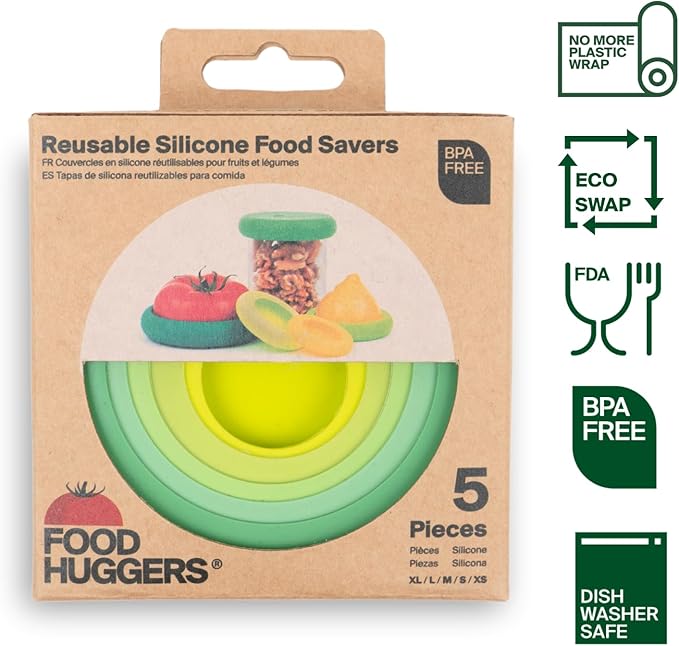 Food Huggers 5pc Reusable Silicone Food Savers | BPA Free & Dishwasher Safe | Fruit & Vegetable Produce Storage for Onion, Tomato, Lemon, Banana, Cans & More | Round, Sage Green
