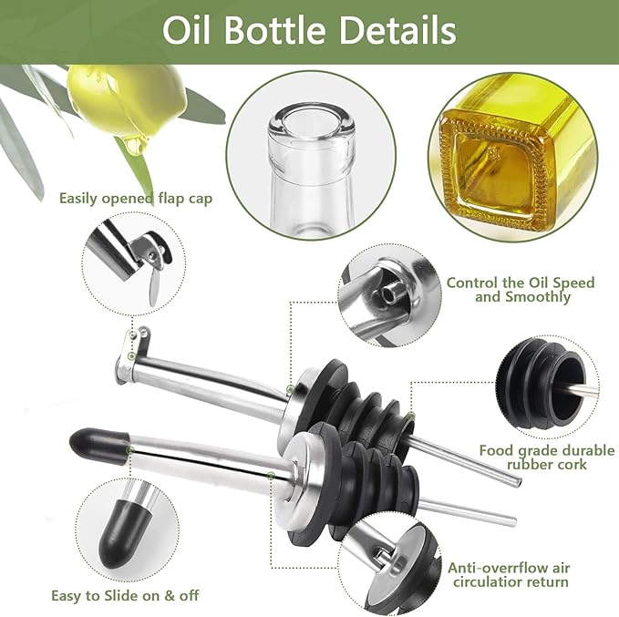 Olive Oil Dispenser Bottle, 2 Pcs Glass Olive Oil Dispenser and Vinegar Dispenser Set with 2 Stainless Steel Pourers, 4 Labels,1 Brush and 1 Funnel Oil Bottles for Kitchen (500ml)