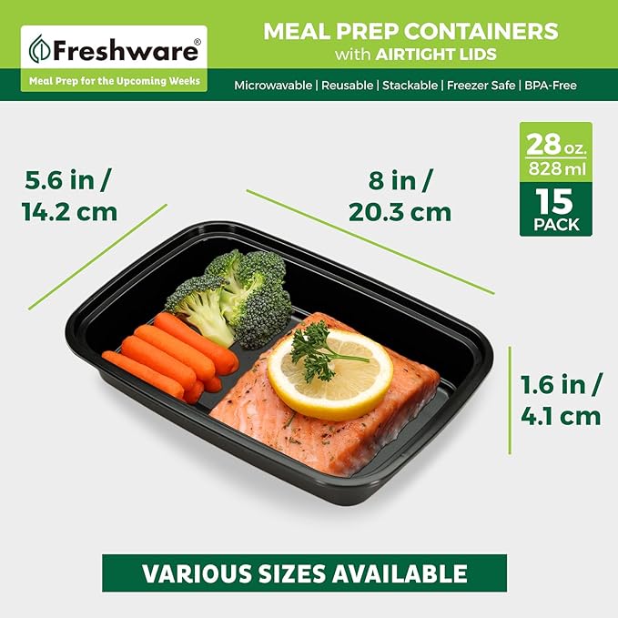 Freshware Meal Prep Containers [15 Pack] 1 Compartment Food Storage Containers with Lids, Bento Box, BPA Free, Stackable, Microwave/Dishwasher/Freezer Safe (28 oz) Black