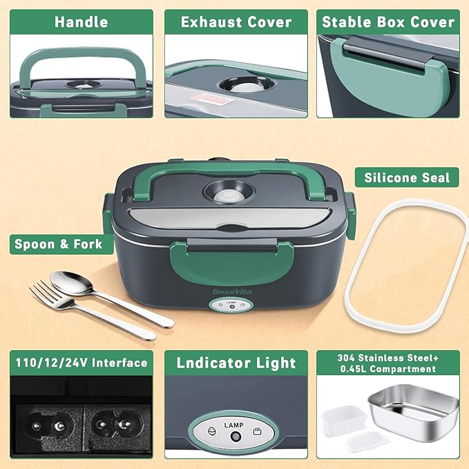 Electric Lunch Box for Adults, 80W Heated Lunch Box, 1.5L Stainless Steel Container | 12V/24V (Car/Truck) & 110V (Office/Home) | with Fork&Spoon and Insulated Carry Bag (Green-Dual Container)