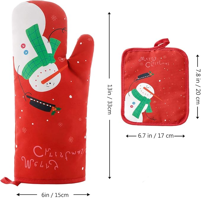Oven Mitts and Potholders BBQ Gloves-Oven Mitts and Pot Holders with Recycled Infill Silicone Non-Slip Cooking Gloves for Cooking Baking Grilling (4-Piece Set) (Red Christmas Snow)