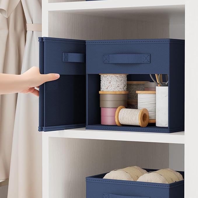 DIMJ Storage Cubes, Cube Storage Bin, 8 Pack Foldable Baskets with Window, Closet Storage Bins with Handle, 11x 11 inch Storage Cubes for Clothes, Toys, Books (Navy Blue)