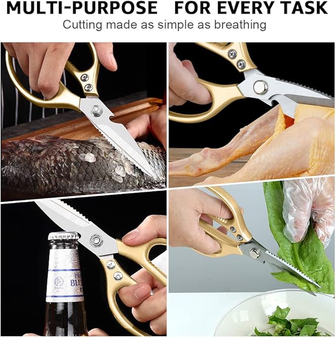 ONEBOM 2 Pack Kitchen Shears,Multi-Function Kitchen Scissors Heavy Duty Sharp 304 Stainless Steel, Gold Apartment Kitchen Accessories Cooking Shears for Chicken,Meat,Fish,Poultry (Gold)