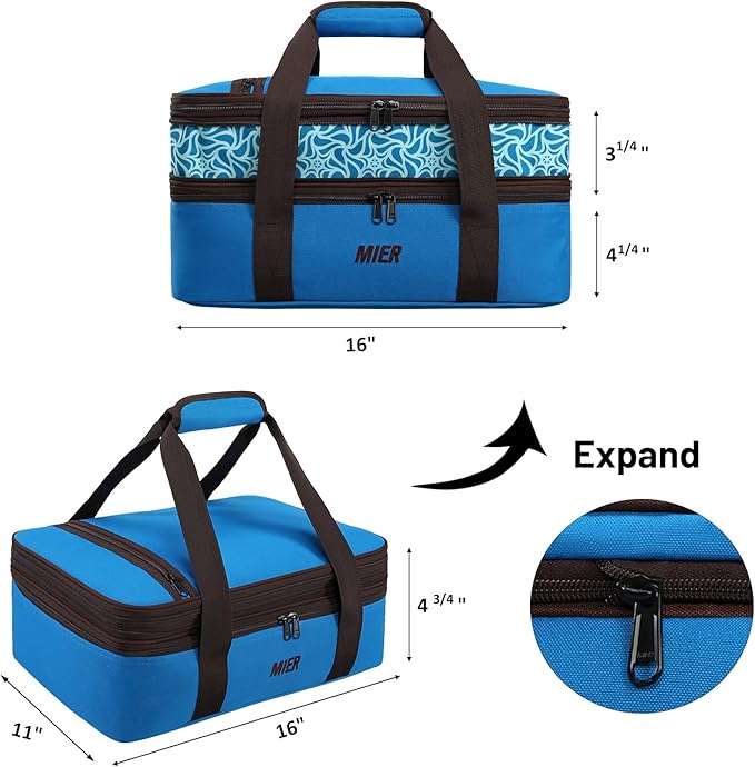 MIER Insulated Double Casserole Carrier Bag Thermal Lunch Tote for Lasagna Lugger, Potluck Parties, Picnic, Beach, Fits 9 x 13 Inches Baking Dish, Casserole Dish, Expandable by Mid Zipper, Blue