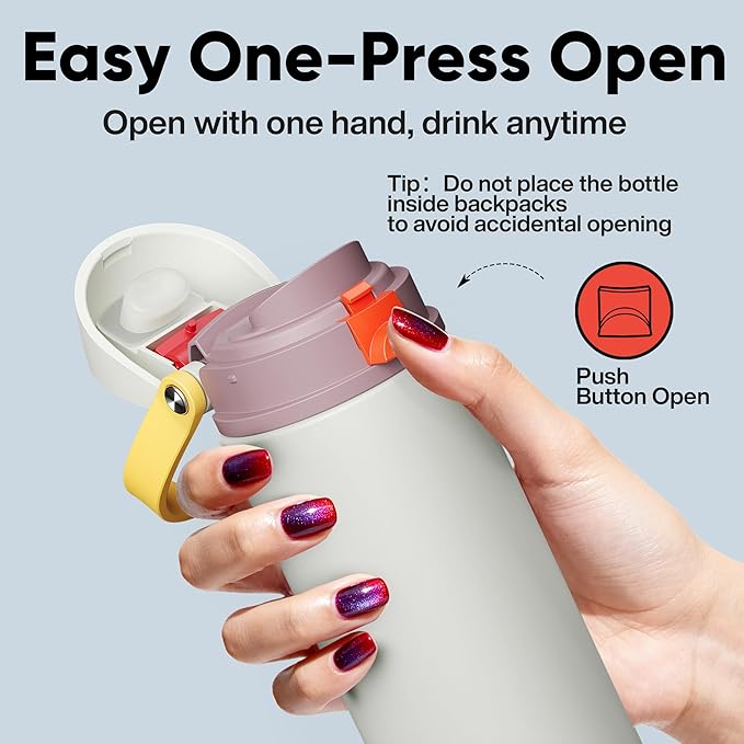 Insulated Water Bottle with Straw - Encool Stainless Steel Water Bottle with Push Button Lid, Leak-Proof & BPA-Free, Keeps Cold for 24 Hours for Sports, Travel, Gym (24 oz, Quill Grey-Red)