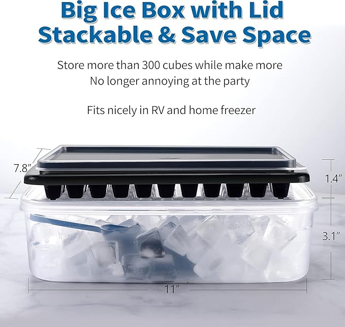 Ice Cube Tray with Lid & Bin for Freezer - 55 Nugget Ice Maker Tray, Cocktail Coffee Ice Mold for Easy Release Small Cubes, with Ice Container Scoop, Flexible Durable Plastic, BPA Free