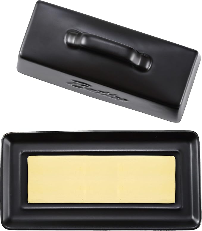 Bruntmor Ceramic Butter Dishes With Lid. Butter Holder/ Tray/ Storage With Lid And Handle. Porcelain Butter Keeper For Countertop. Butter Dish With Cover In Black Color.