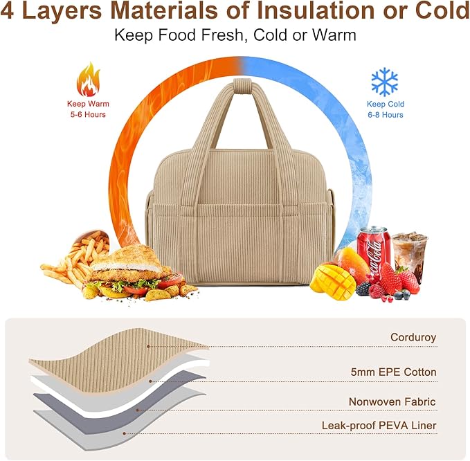 Corduroy Lunch Box Lunch Bag for Women Men, Cute Strawberry Small Insulated Reusable Work Leakproof Simple Lunch Boxes Tote Bag Adults Cooler Bag