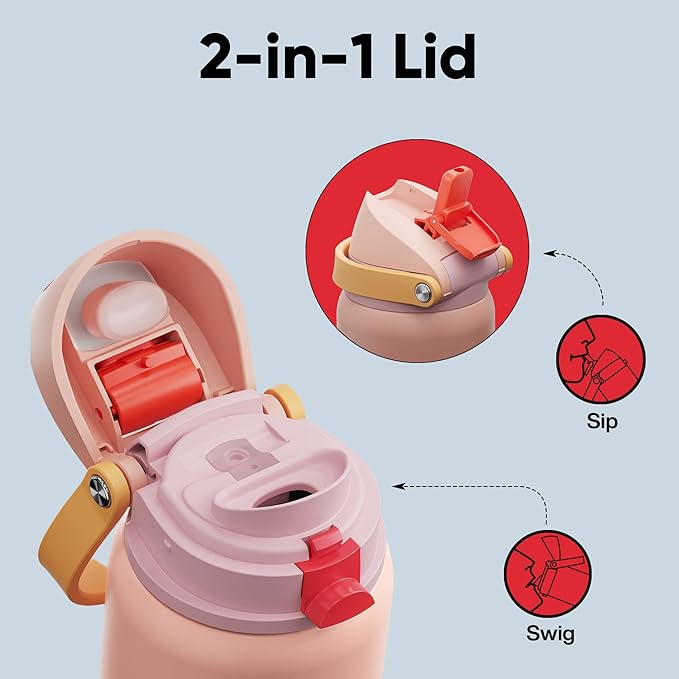 Insulated Water Bottle with Straw - Encool Stainless Steel Water Bottle with Push Button Lid, Leak-Proof & BPA-Free, Keeps Cold for 24 Hours for Sports, Travel, Gym (32 oz, Pink Daisy-Red)