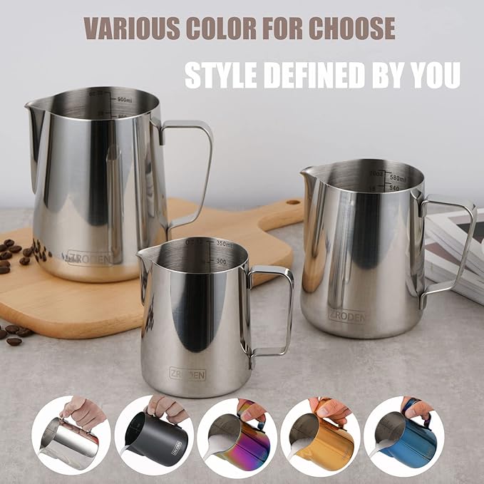Milk Frothing Pitcher, 32oz Espresso Steaming Pitchers Stainless Steel Cappuccino Coffee Machine Accessories Barista Tools Steamer Froth Pitchers Milk Jug Cup with Decorating Pen Latte Art