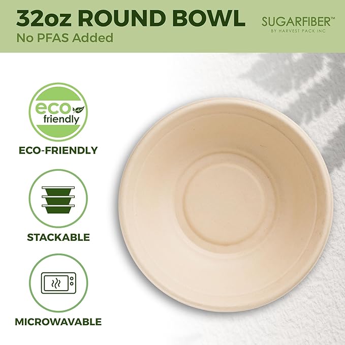 [500 COUNT]Harvest Pack PFAS FREE 32oz Round Paper Bowls, Compostable Heavy-Duty Eco-Friendly Disposable Bagasse Large Soup Bowls, sugarcane made for Meal Prep Takeout Dinnerware, Microwave Safe