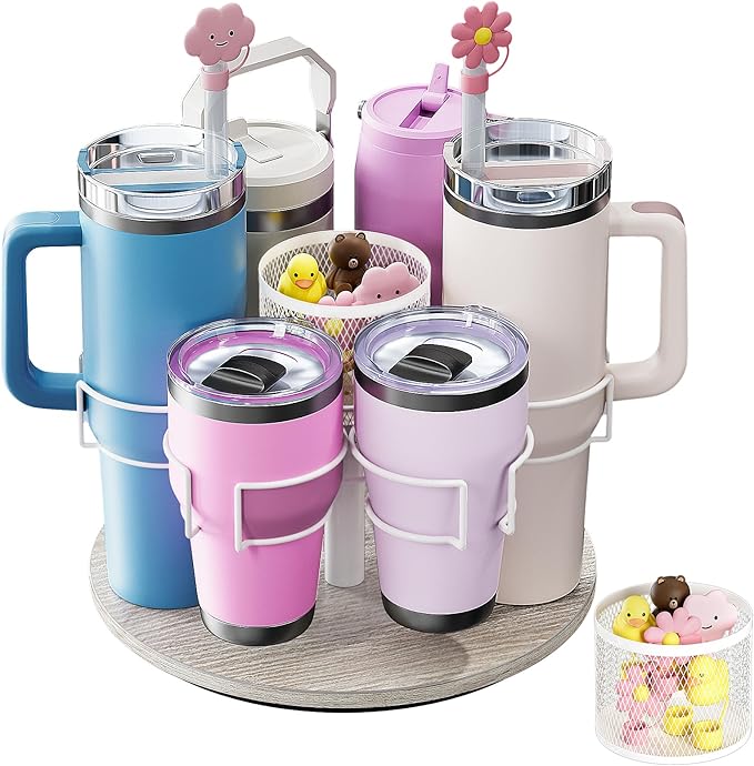 Water Bottle Organizer for 20/30/40oz Stanley & Other Large Tumbler, 6 Slots Stanely Cup Organizer with Straw Sleeve, Cup Bottle Holder for Cabinet Home Countertop Pantry Shelf,Gray