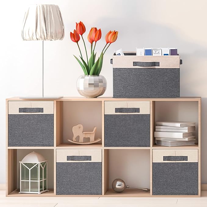 GhvyenntteS Large Fabric Storage Bins for Shelves with 3 Handles, 15x11x9.6in Closet Storage Bins, Sturdy Foldable Storage Baskets for Shelves Closet Bedroom Living Room Office (Beige, Set of 6)